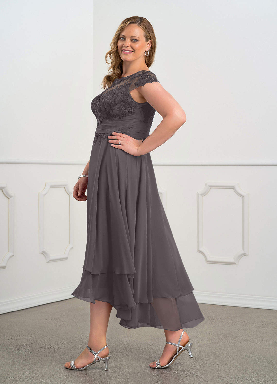 Azazie Shonda Mother of the Bride Dresses Steel Grey Lace Chiffon Dress image9