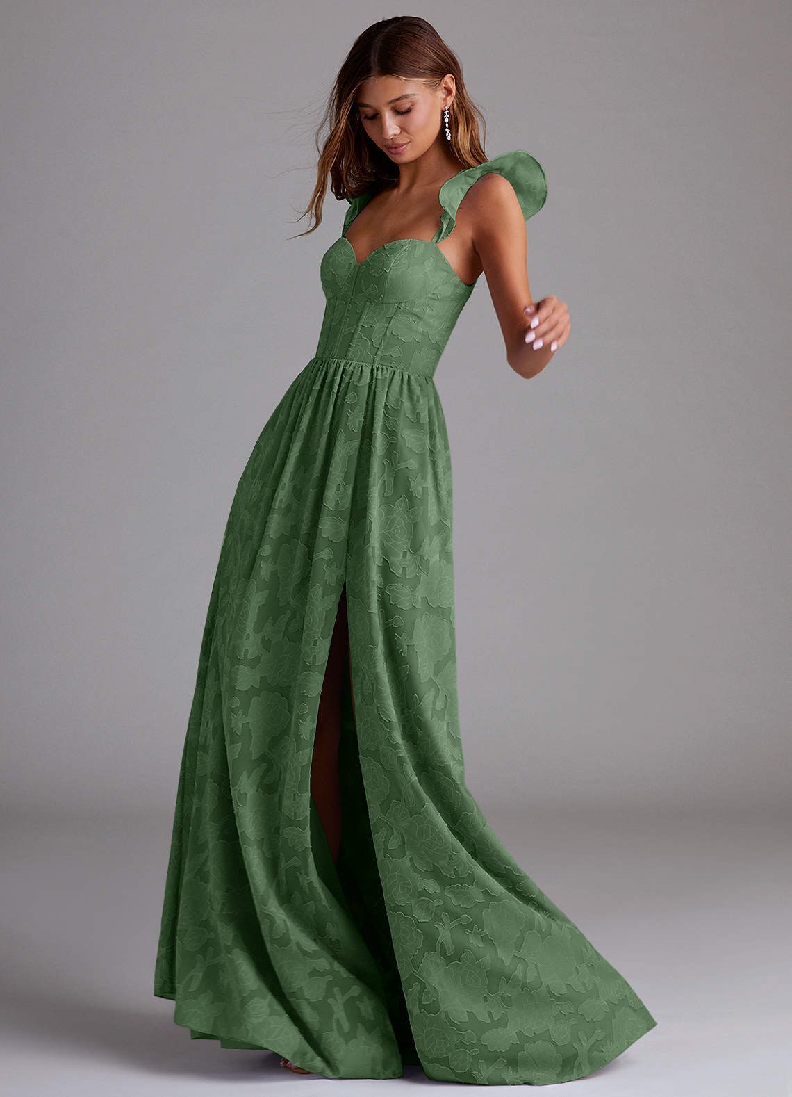 Azazie Denisse Bridesmaid Dresses Eucalyptus A-Line Ruched Floral Burnout Dress image1