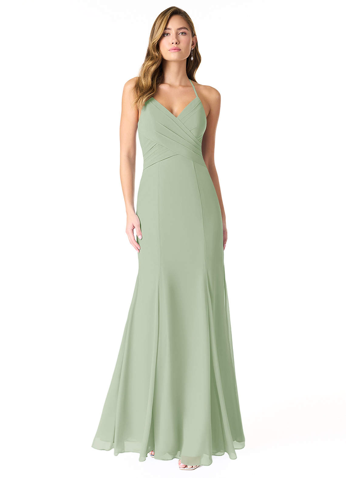 Square Neckline Ruched Chiffon Floor-length Dress Dusty Sage Plus Size main image 1