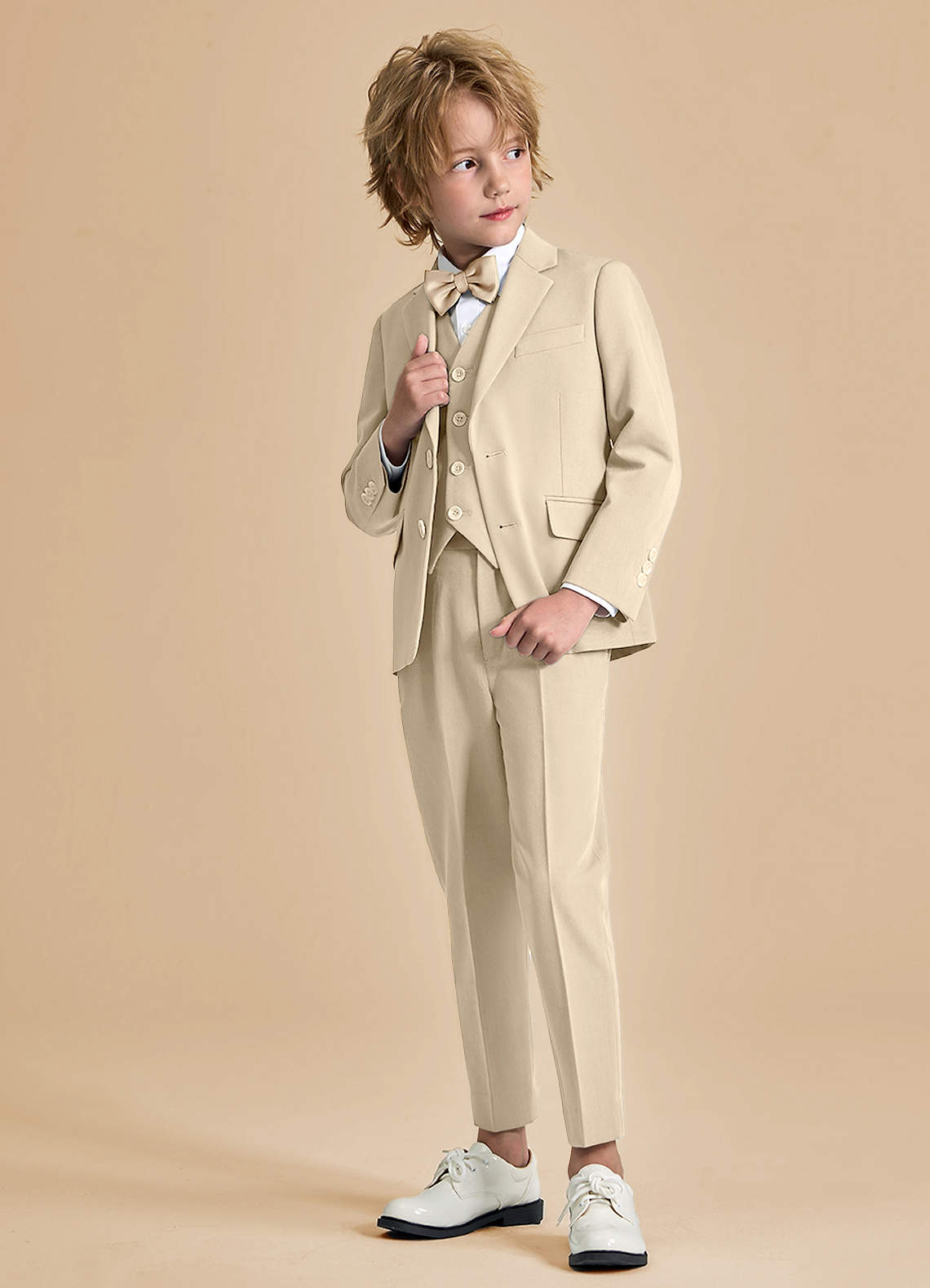 front Oliver Boys Tan 5-Piece Suit With Bow Tie