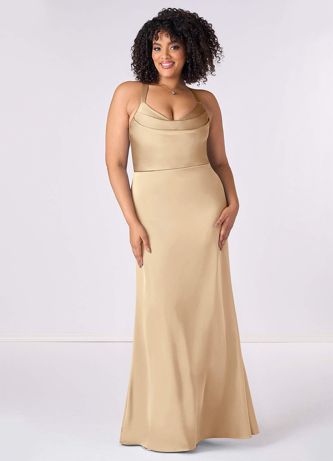 Barbie ♥ Azazie Bridesmaid Dresses Champagne Mermaid Pleated Stretch Satin Dress image5