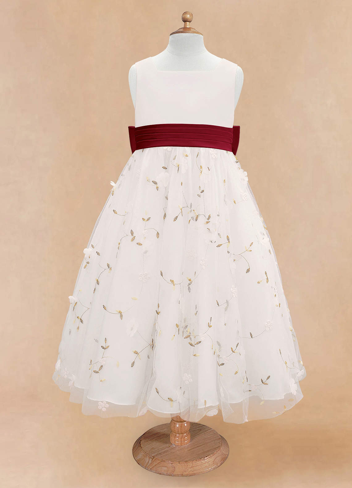 Azazie Pollie Flower Girl Dresses Ivory Burgundy A-Line Bow Tulle Dress image10