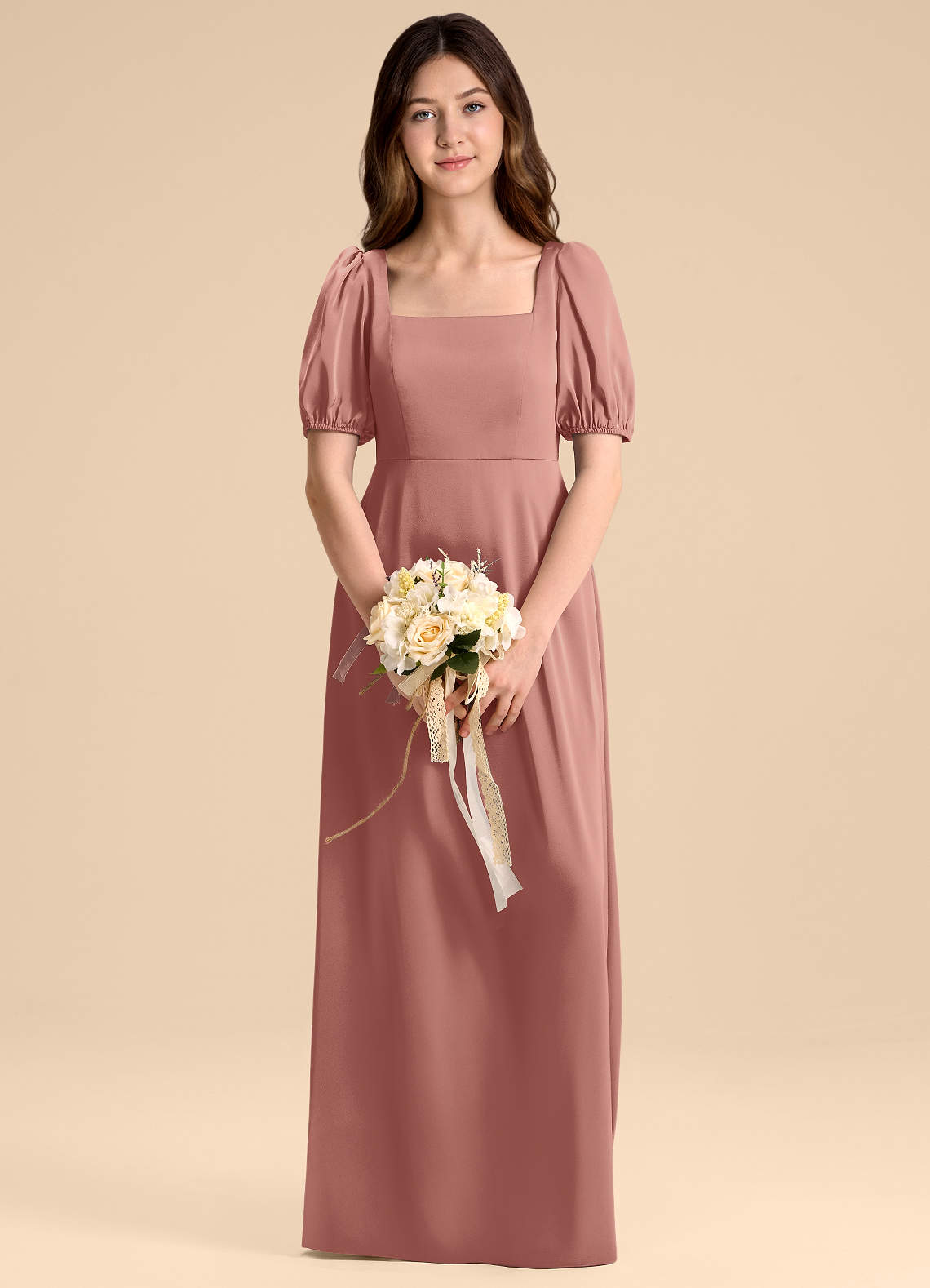 Azazie Briar Junior Vestido de Rosetón de Satén Elástico de Corte en A con Lazo image1