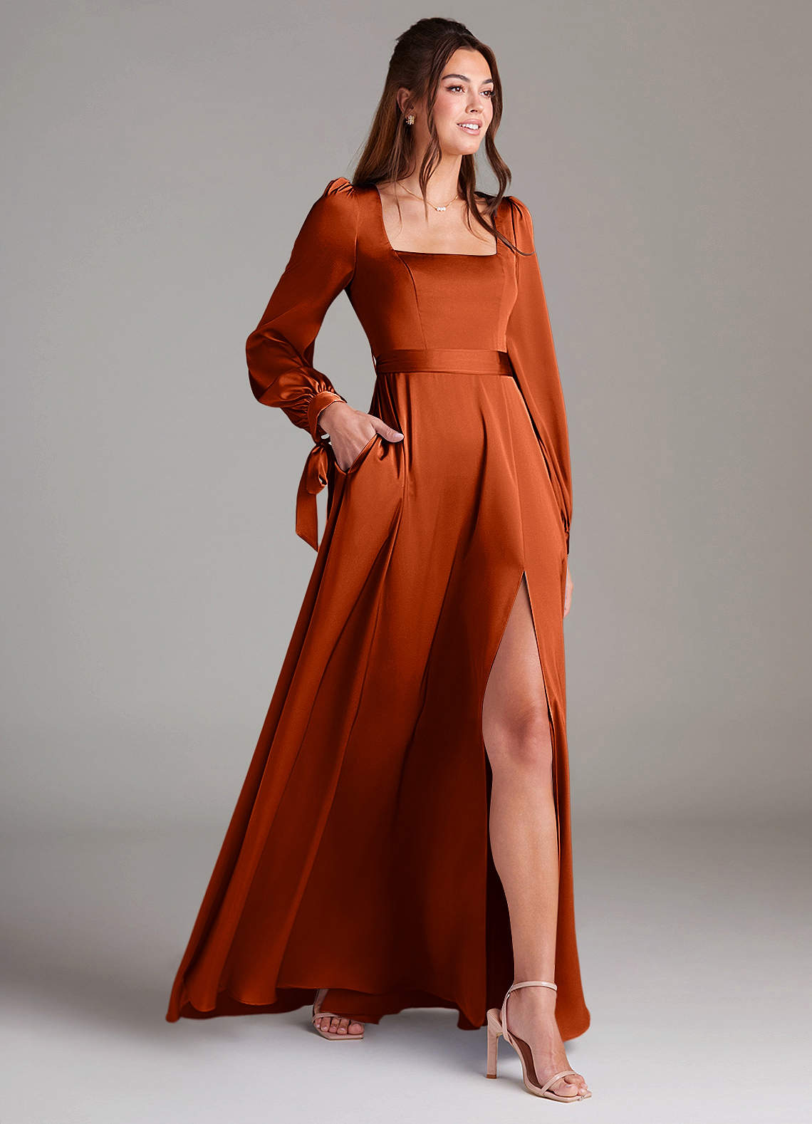 Azazie Leonia Bridesmaid Dresses Paprika A-Line Long Sleeve Stretch Satin Dress image3