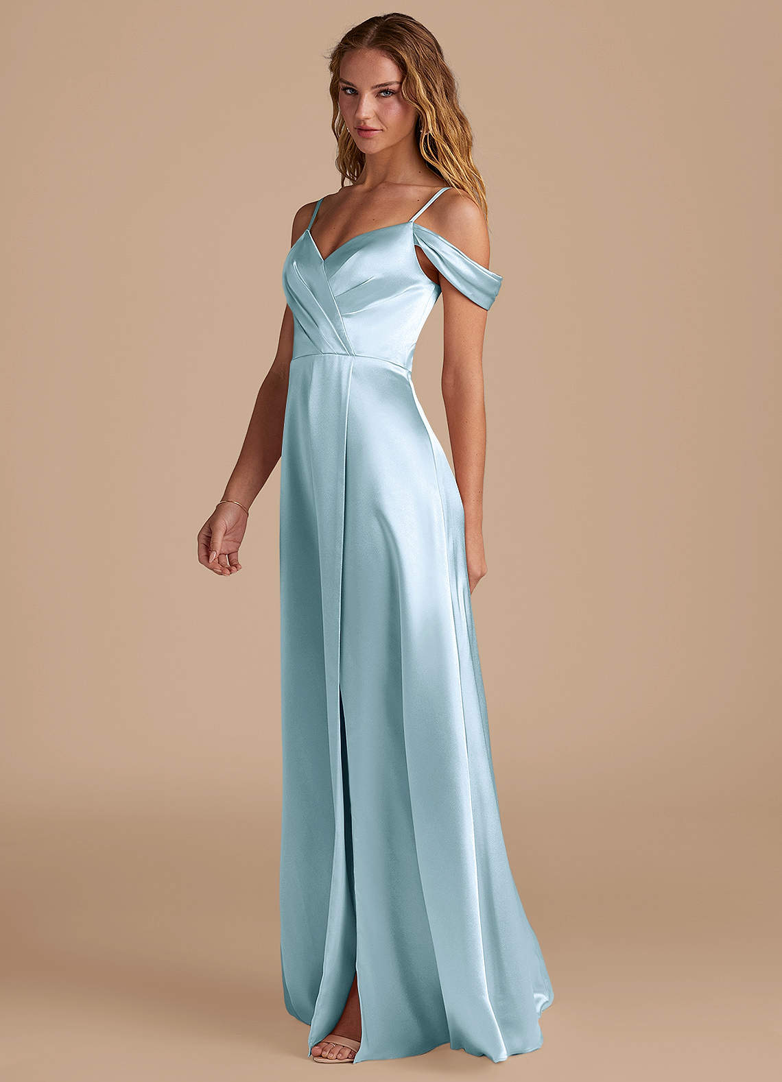 ocean themed bridesmaid dresses Azazie Ocean Dusty Blue Stretch Satin Bridesmaid Dresses
