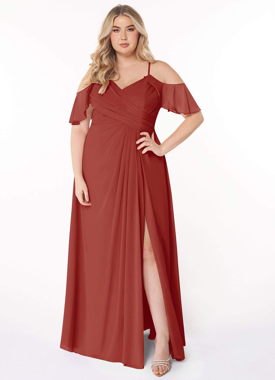 Azazie Dakota Bridesmaid Dresses Terracotta A-Line V-Neck Pleated Chiffon Dress image1