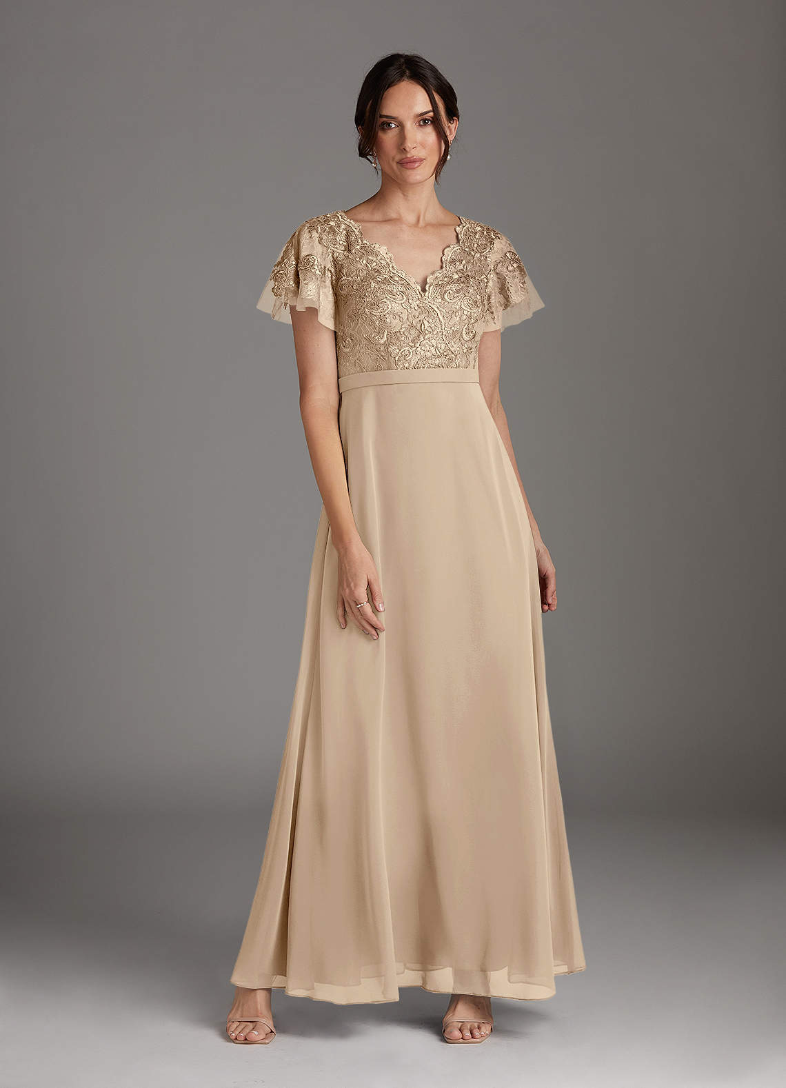 Azazie Singer Champagne A-Line V-Neck Lace Chiffon Dress | Azazie Azazie Singer Champagne A-Line V-Neck Lace Chiffon Dress | Azazie