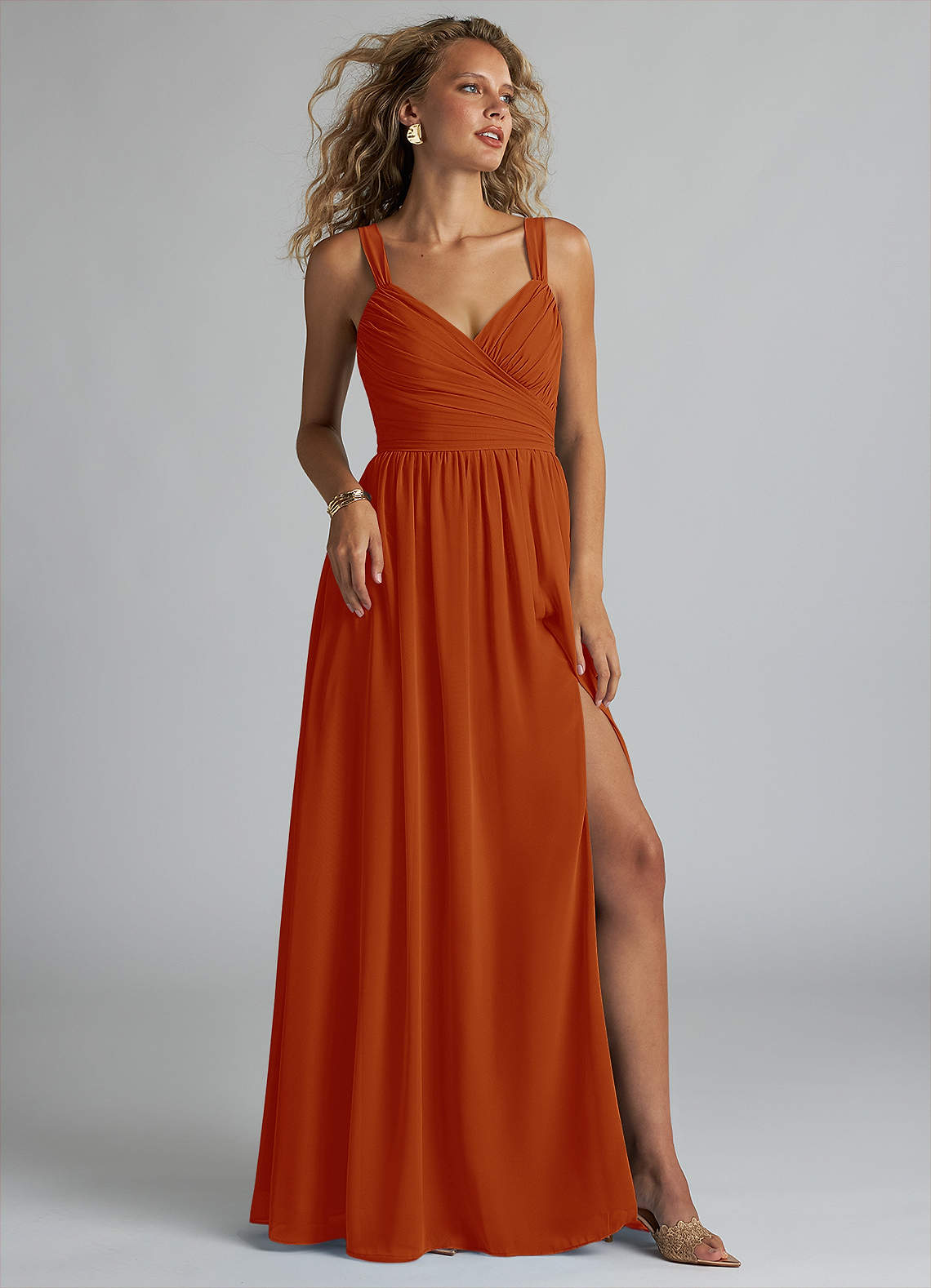 Azazie Aziza Bridesmaid Dresses Paprika A-Line V-Neck Pleated Chiffon Dress image1