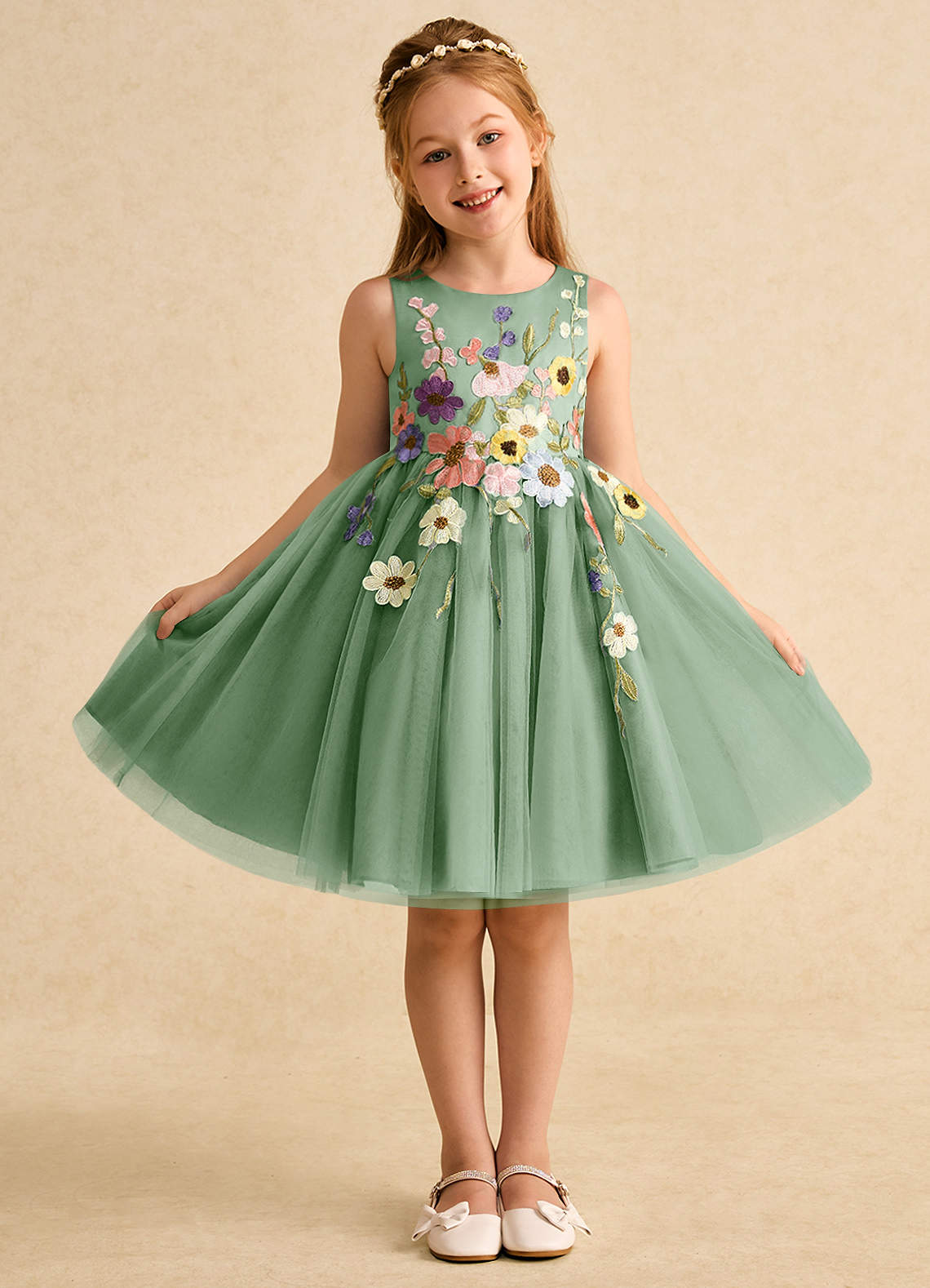 Azazie Prima Blumenmädchenkleider A-Linie Schleifen Tüll Kleid Matcha image1