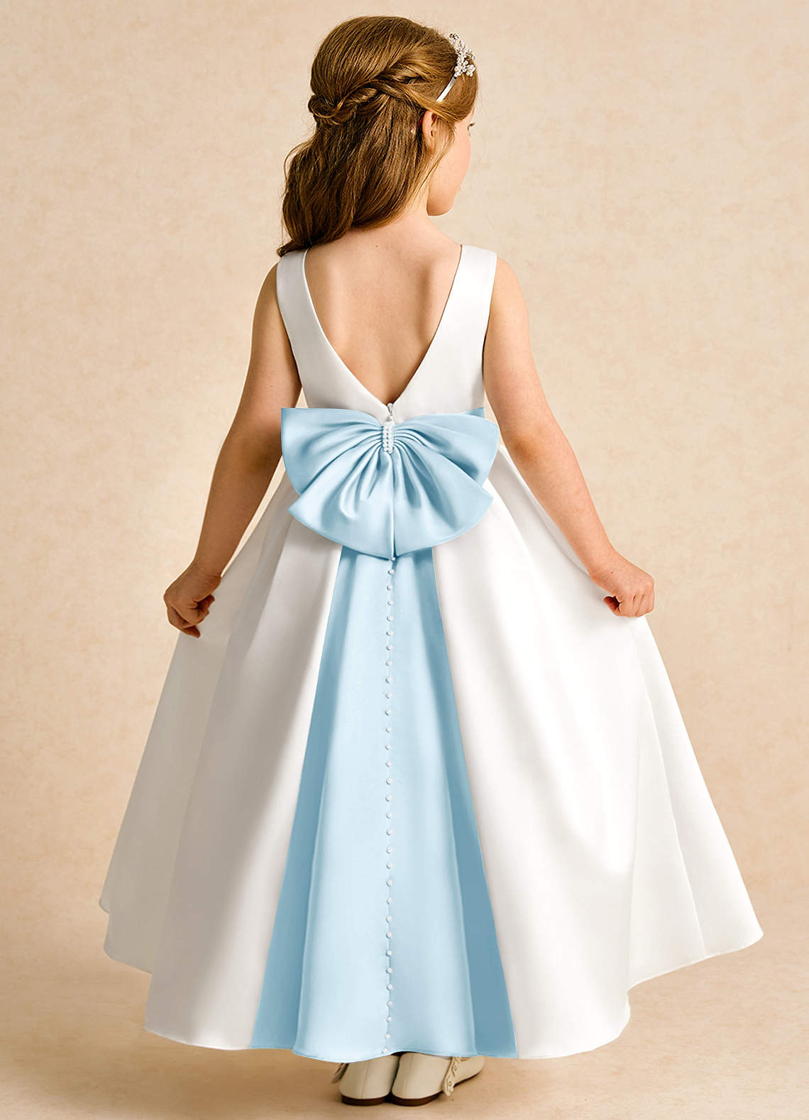 Azazie Cherry Flower Girl Dresses Ivory Sky Blue Ball-Gown Pleated Matte Satin Dress image1