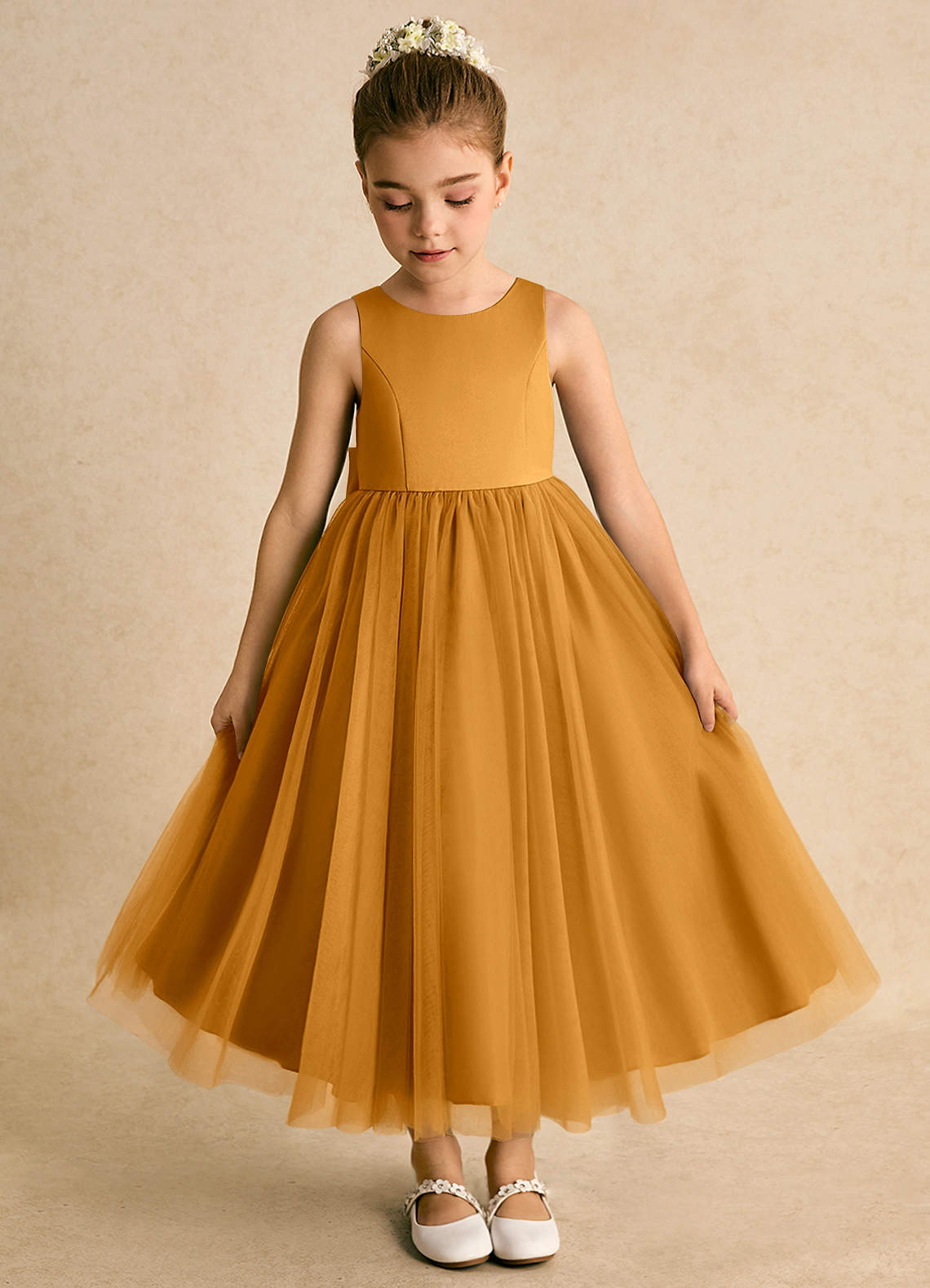 Azazie Solia Robe Demoiselle D'honneur Fillette Robe Princesse en Tulle Arc Caramel écossais image5