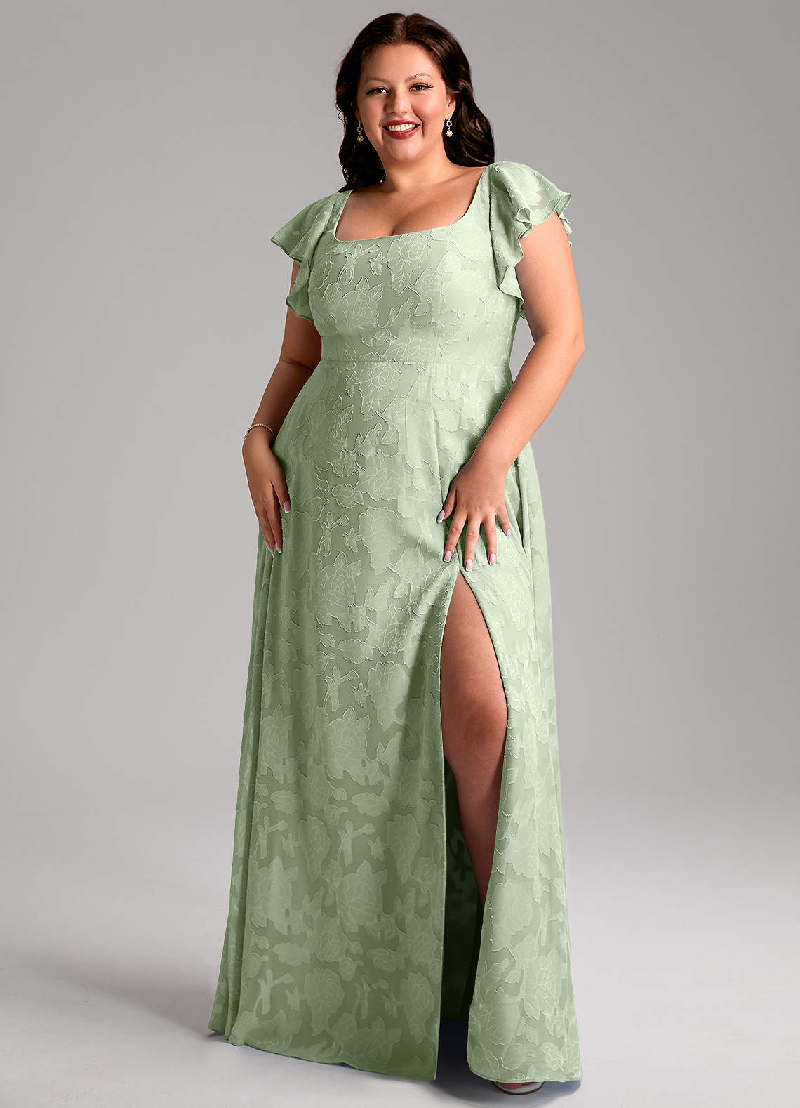 Azazie Bondi Bridesmaid Dresses Dusty Sage A-Line Side Slit Floral Burnout Dress image1