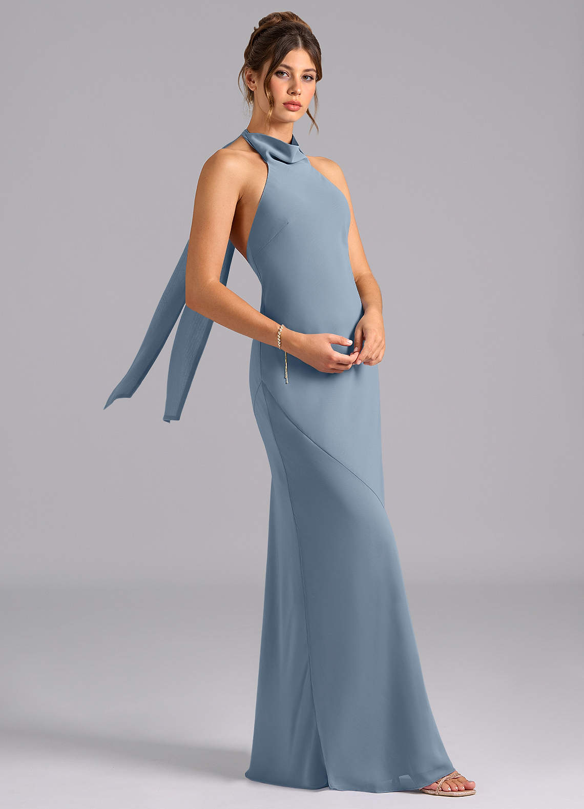 Azazie Velli Bridesmaid Dresses Dusty Blue Mermaid High Neck Chiffon Dress image2