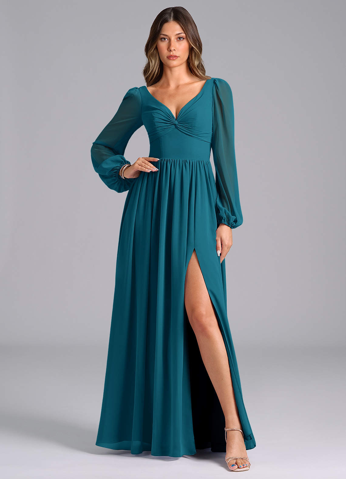 Azazie Zeya Brautjungfernkleider A-Linie Langarm Chiffon Kleid Tintenblau image1