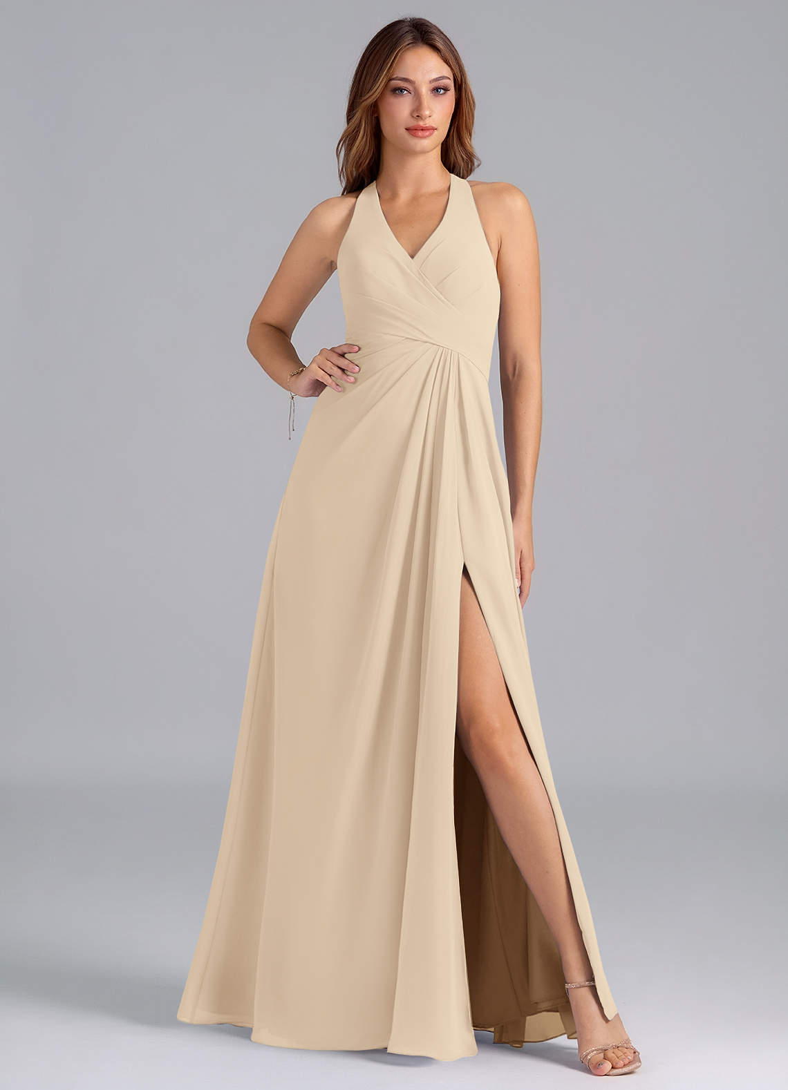 Azazie Dorota Bridesmaid Dresses Champagne A-Line Pleated Chiffon Dress image1