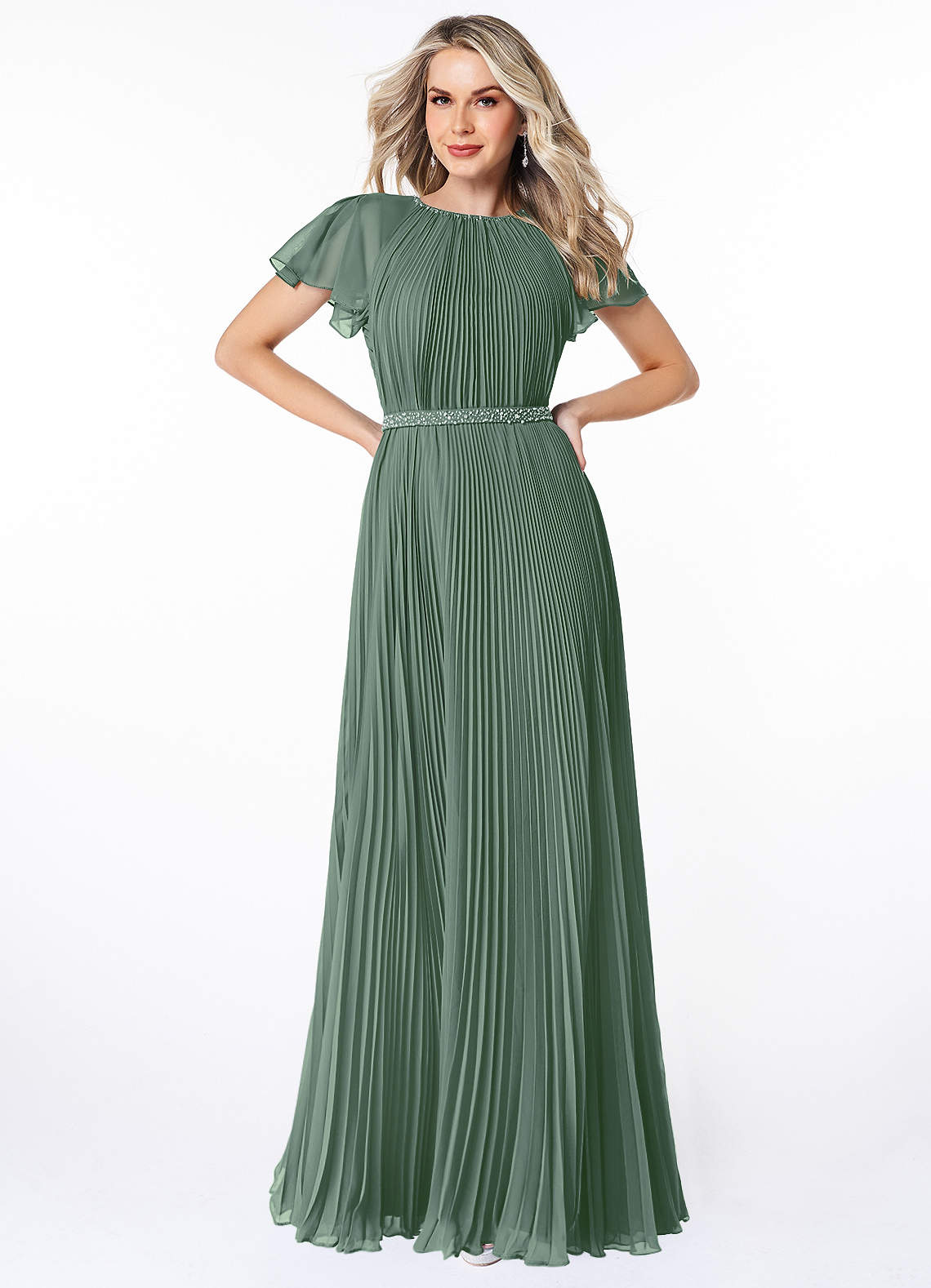 Azazie Kara Modest Bridesmaid Dresses A-Line Pleated Chiffon Floor-Length Dress image1