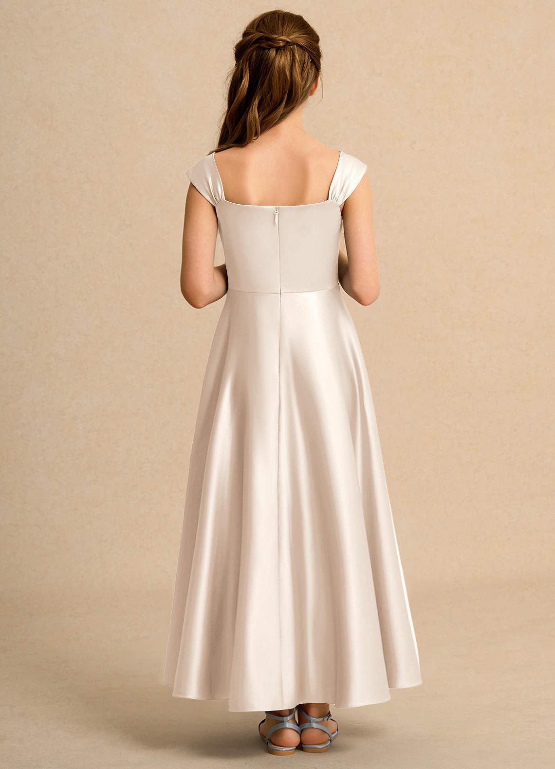 Azazie Bundle Junior Formal Flower Girl Dresses White Alabaster A-Line Pleated Matte Satin Dress image1