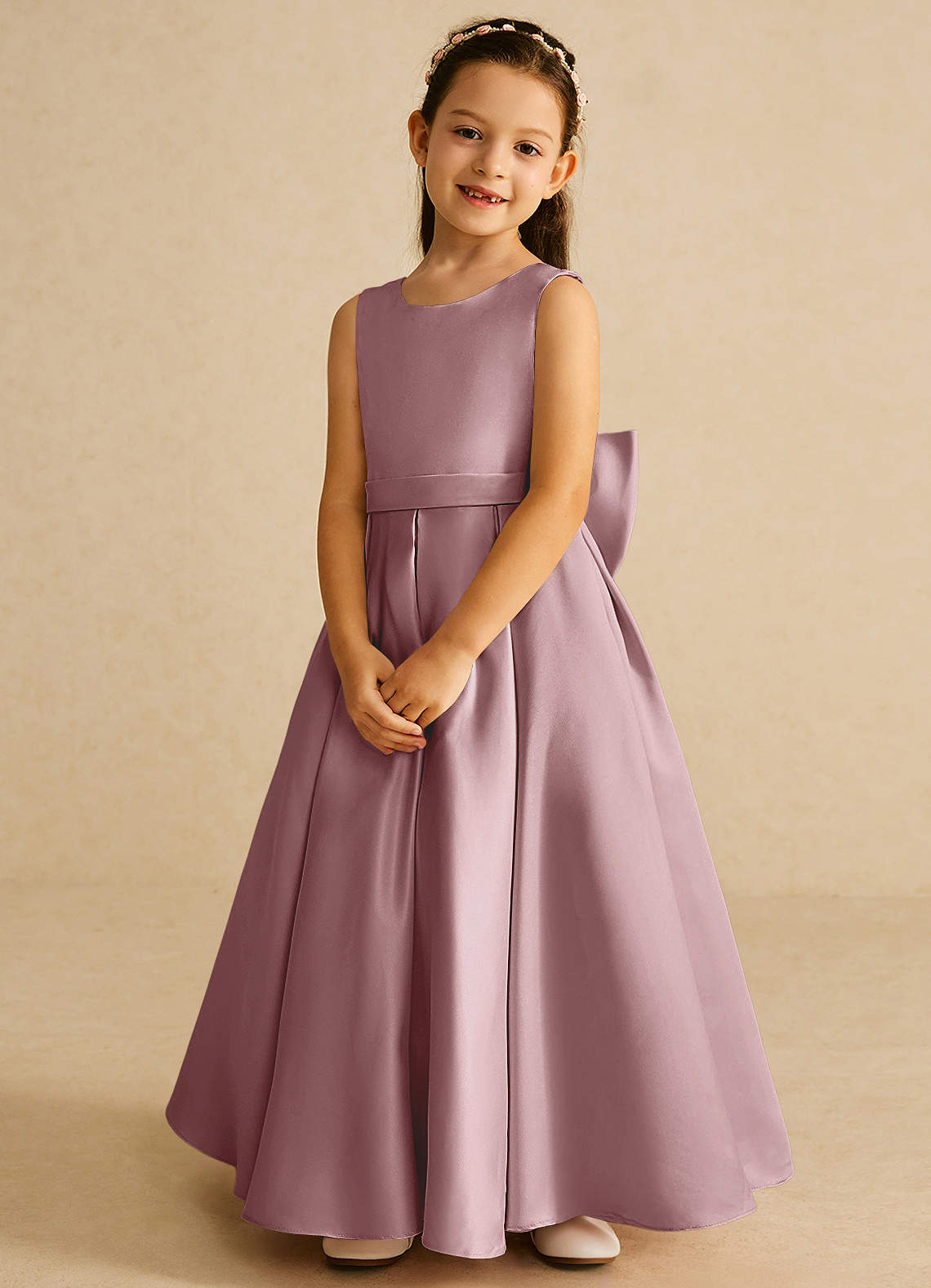 Azazie Pipsy Flower Girl Dresses Dusty Rose A-Line Bow Matte Satin Dress image3