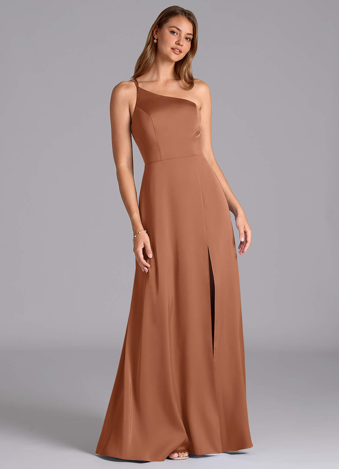 Azazie Trina Abiti da Damigella Abito A-Line in Raso Elasticizzato Monospalla Bronzo image1