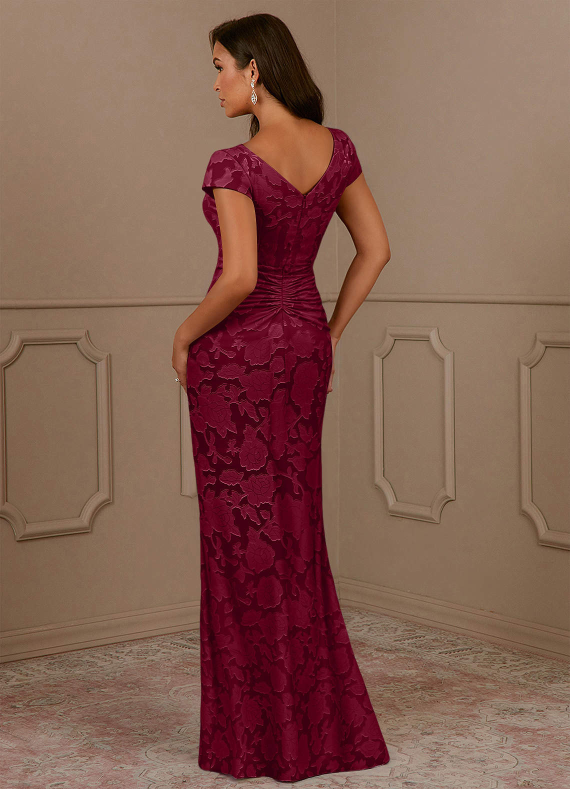 Azazie Roya Mother of the Bride Dresses Burgundy Mermaid Ruched Floral Burnout Dress image2