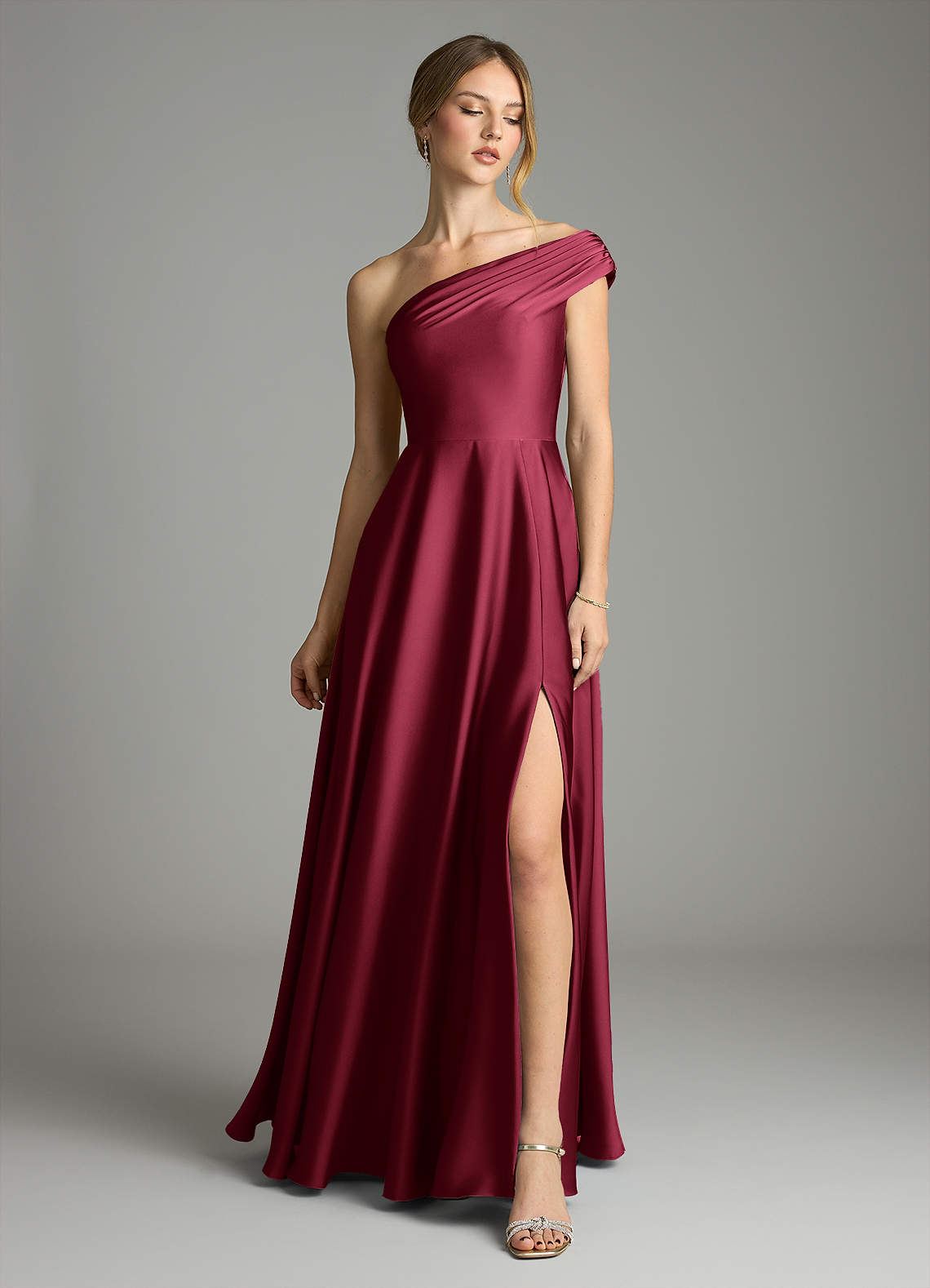 Azazie Melanie Bridesmaid Dresses Burgundy A-Line Off the Shoulder Stretch Satin Dress image2