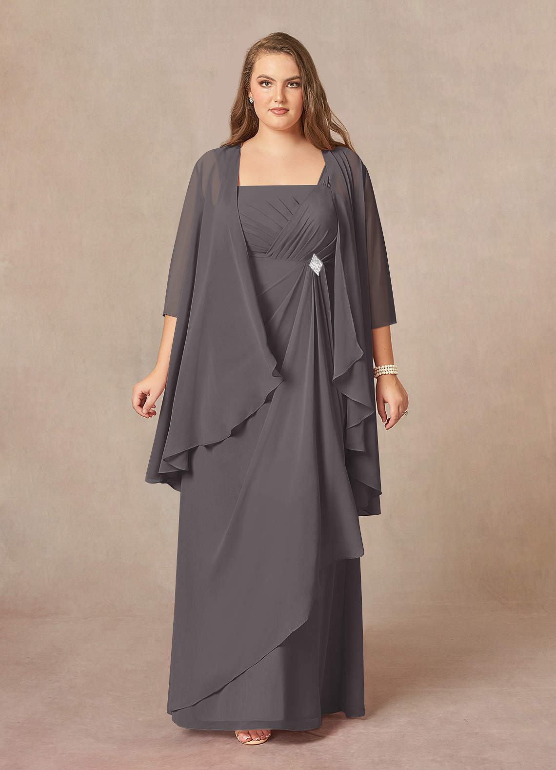 Azazie Weisz Steel Grey A-Line Square Neckline Pleated Chiffon