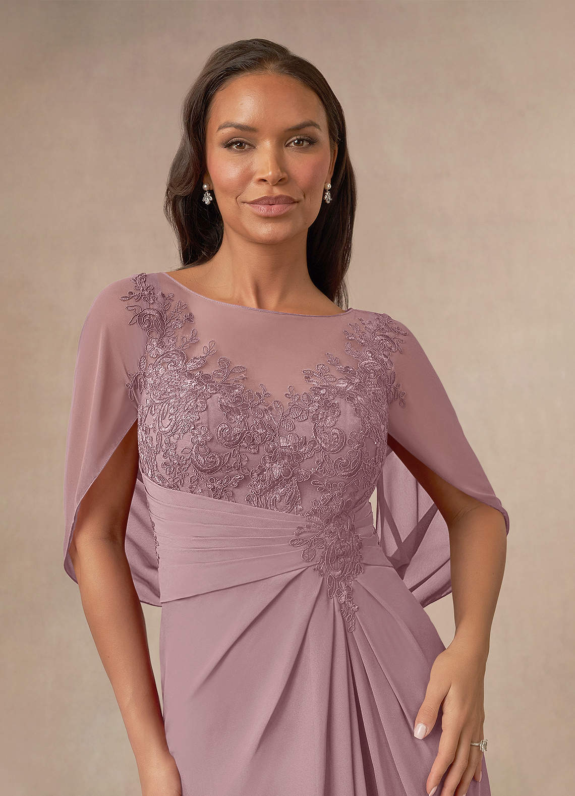 Azazie Hera Mother of the Bride Dresses Dusty Rose A-Line Lace Capelet Chiffon Dress image4