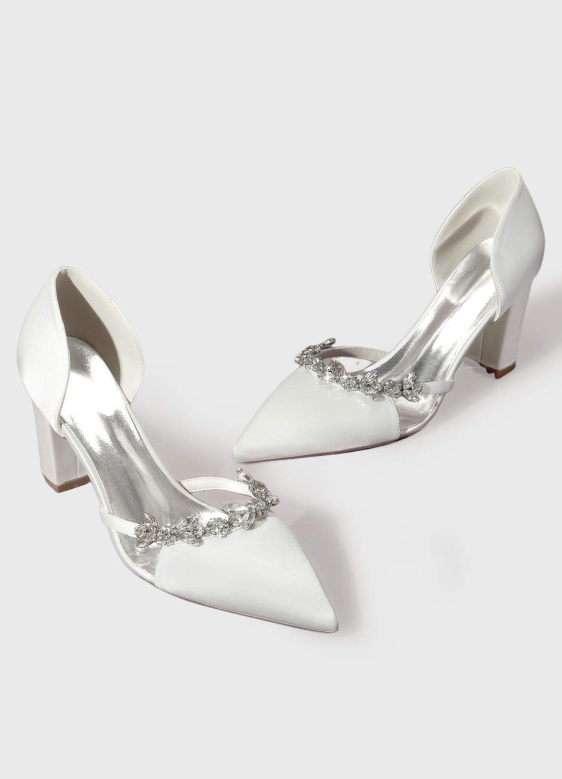 front Crystal Strap Pointed Toe Satin Pumps