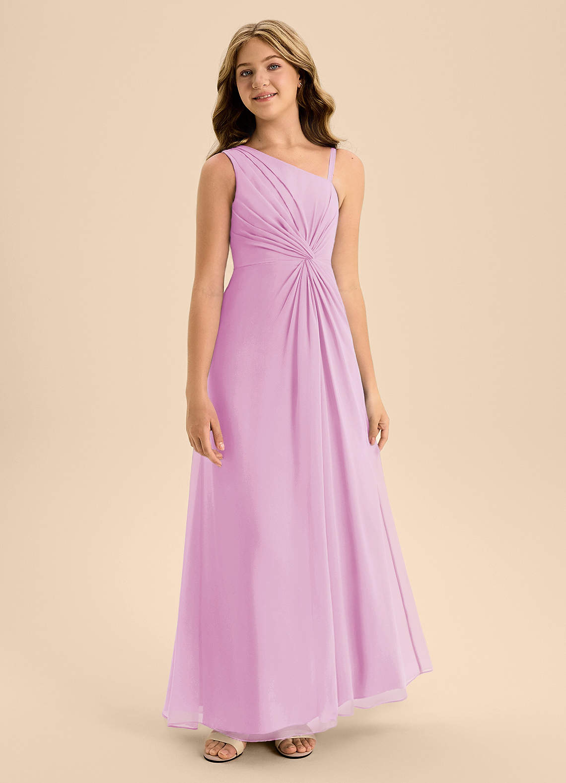Azazie Brooke Junior Vestido de Rosa Caramelo de Gasa de Corte En A con Corte Lateral image4