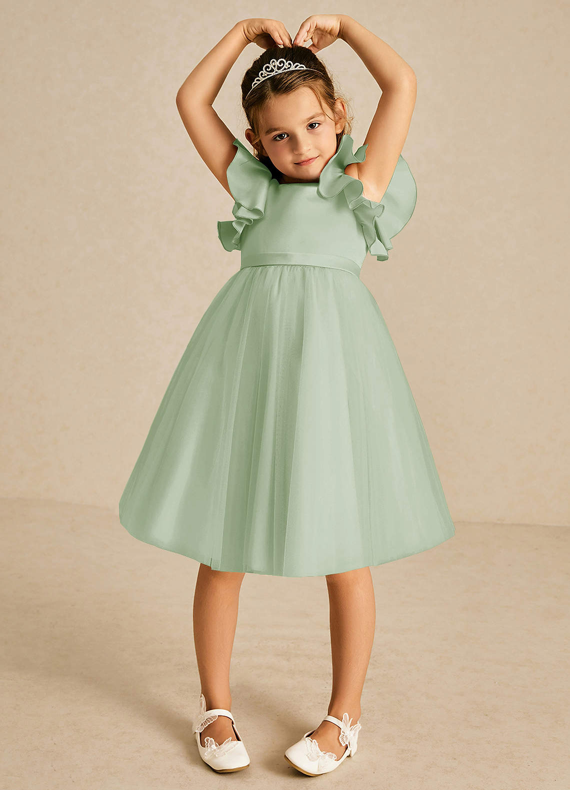 Azazie Kaeya Robe Demoiselle D'honneur Fillette Robe Trapèze en Tulle Arc Vert Sauge image2