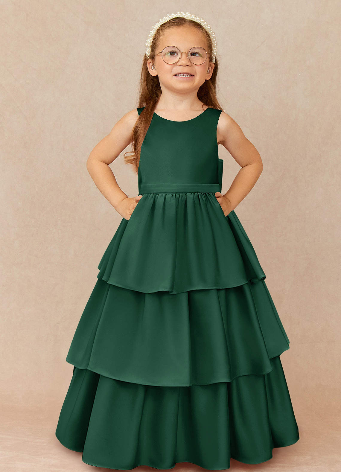 Azazie Margie Flower Girl Dresses Dark Green A-Line Bow Stretch Satin Dress image1