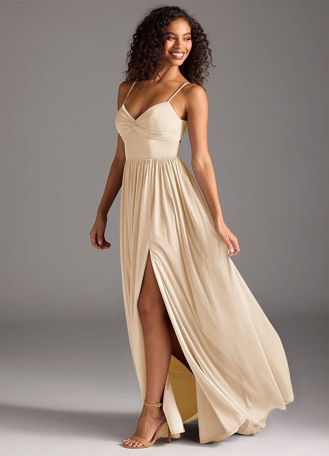 Azazie Zeya Ready to Ship Champagne Mesh Bridesmaid Dresses | Azazie