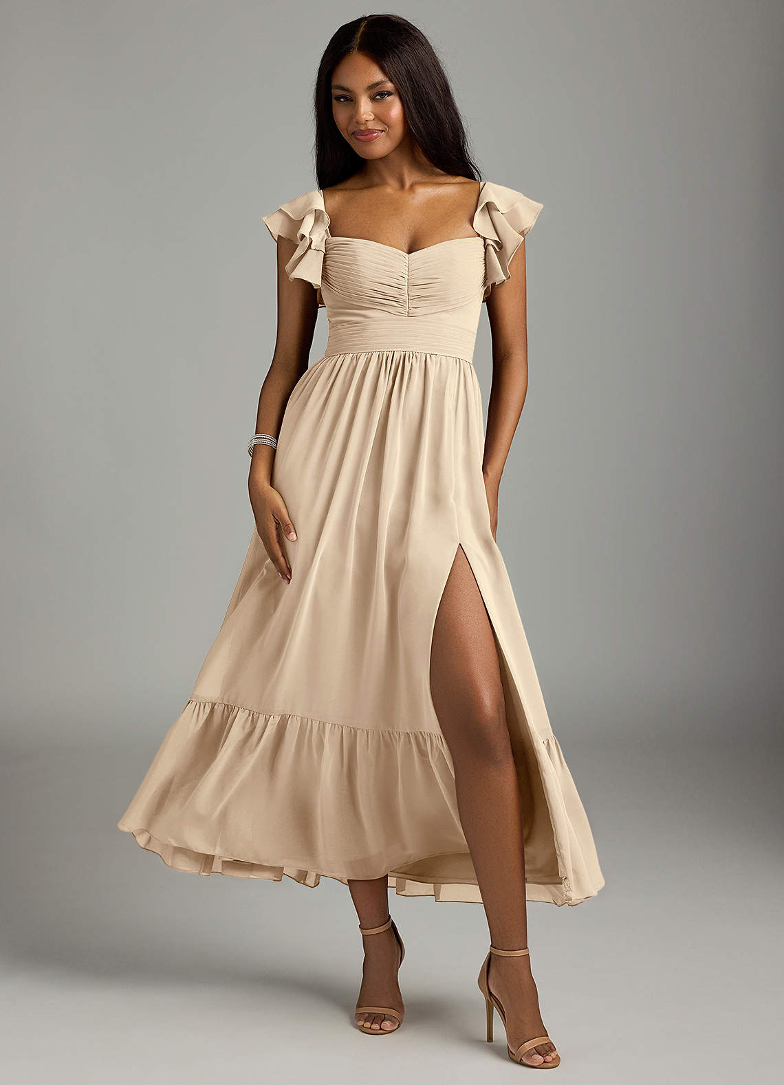 Azazie Anaya Bridesmaid Dresses Champagne A-Line Pleated Chiffon Dress image1