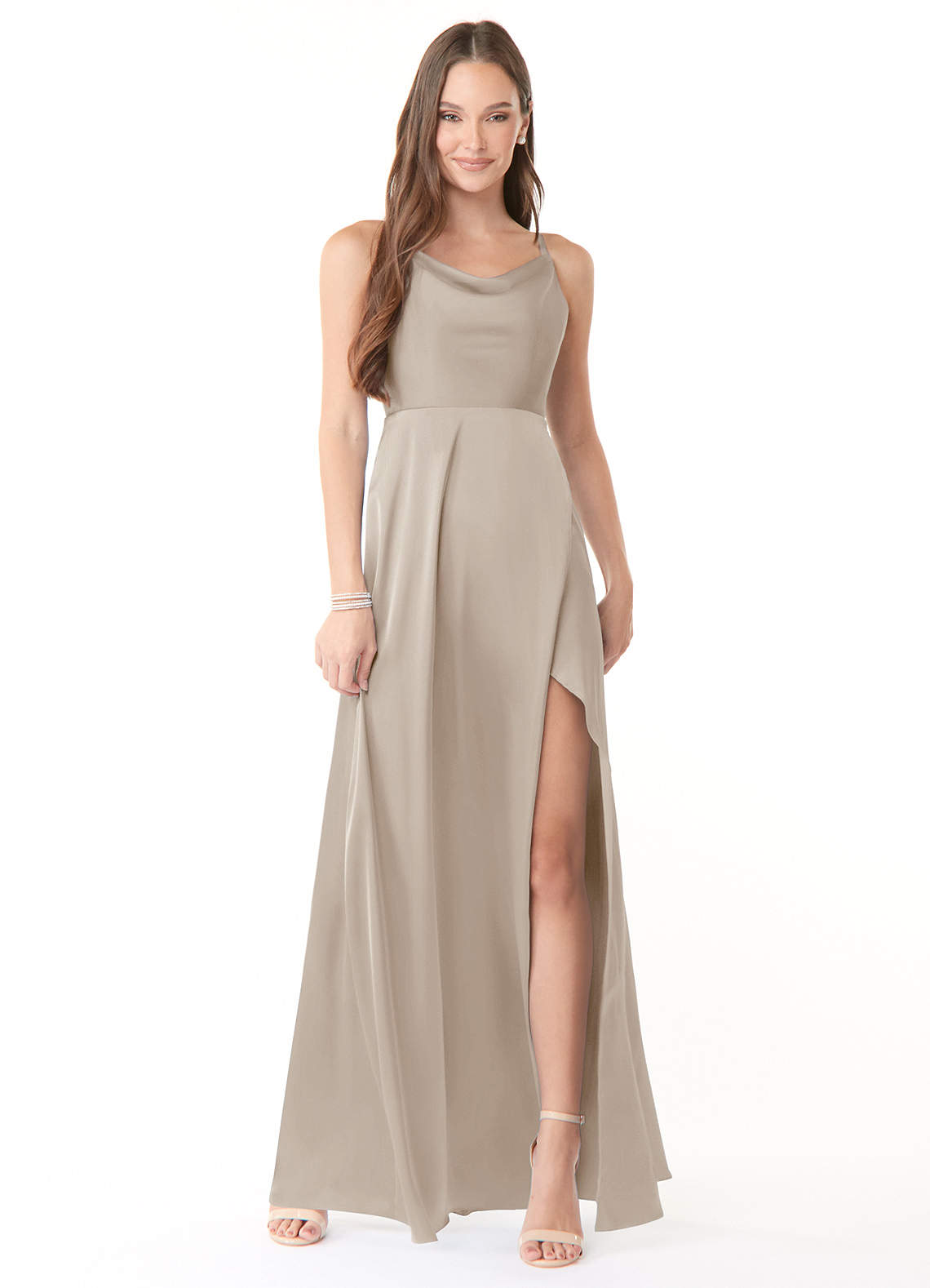 Azazie Naomie Bridesmaid Dresses Frost A-Line Cowl Neckline Side Slit Stretch Satin Dress image1