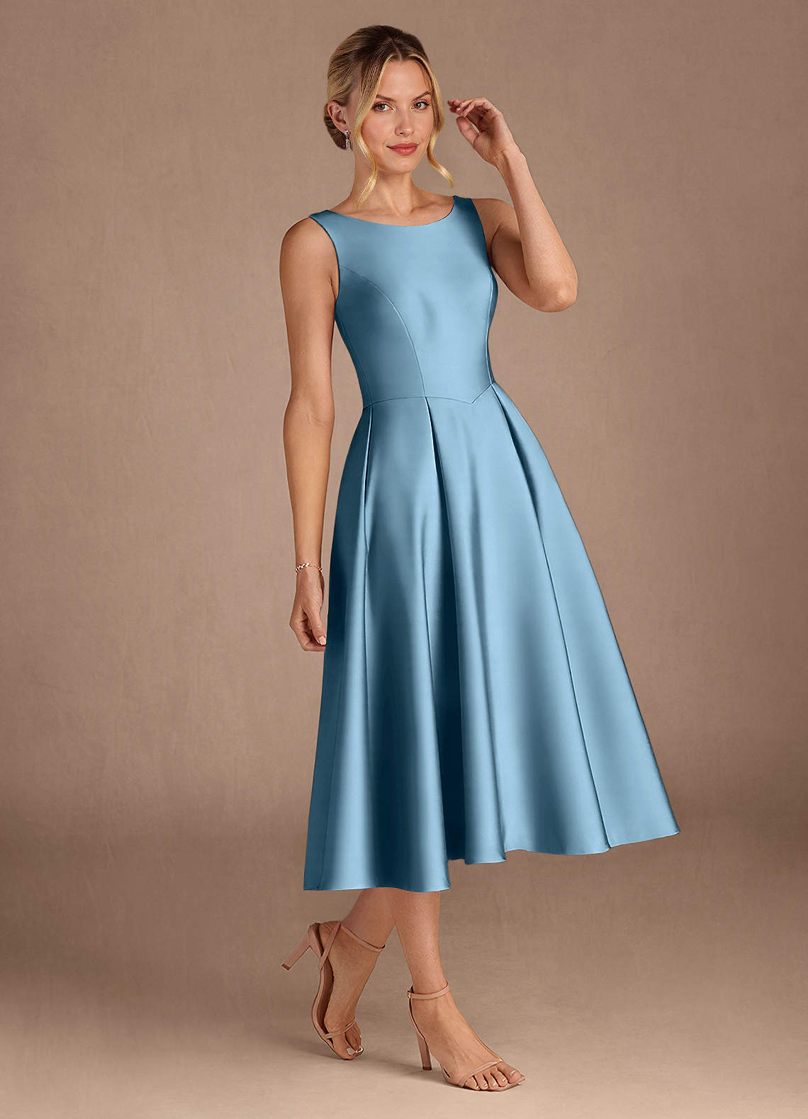 Azazie Fulton Mother of the Bride Dresses Steel Blue A-Line Pleated Stretch Satin Dress image1