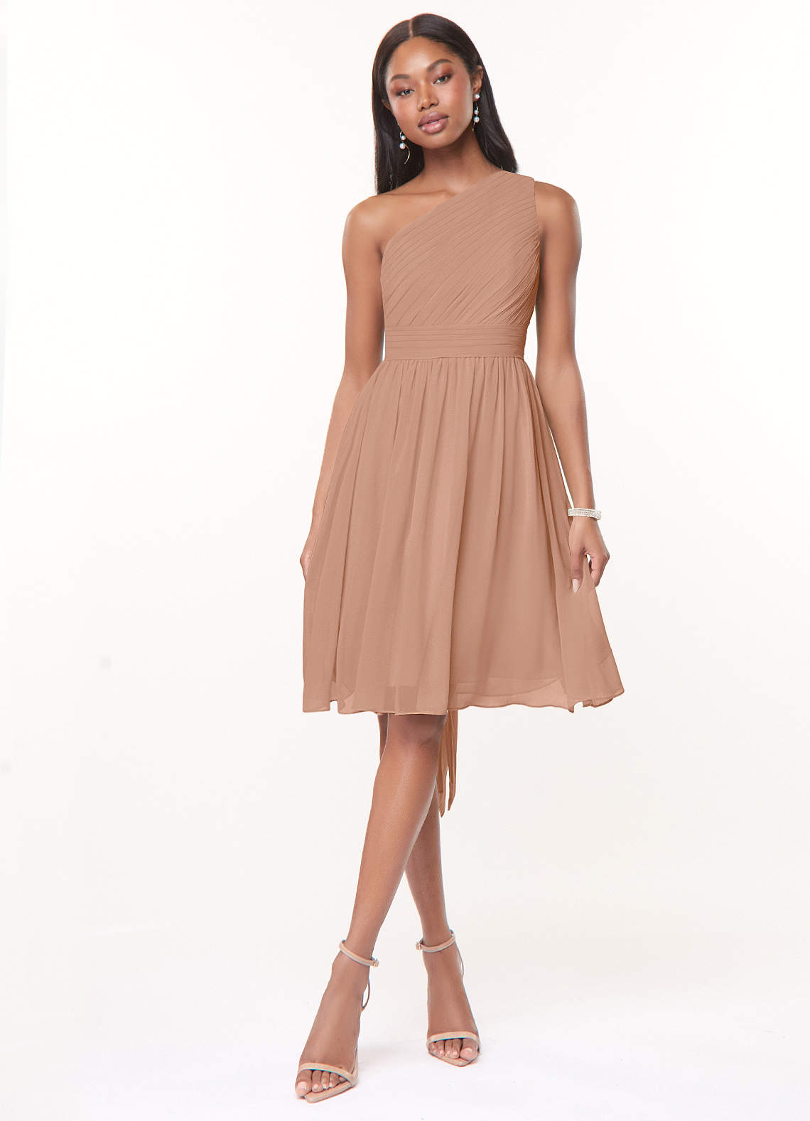 Azazie Katrina Bridesmaid Dresses Champagne Rose A-Line One Shoulder Chiffon Dress image1