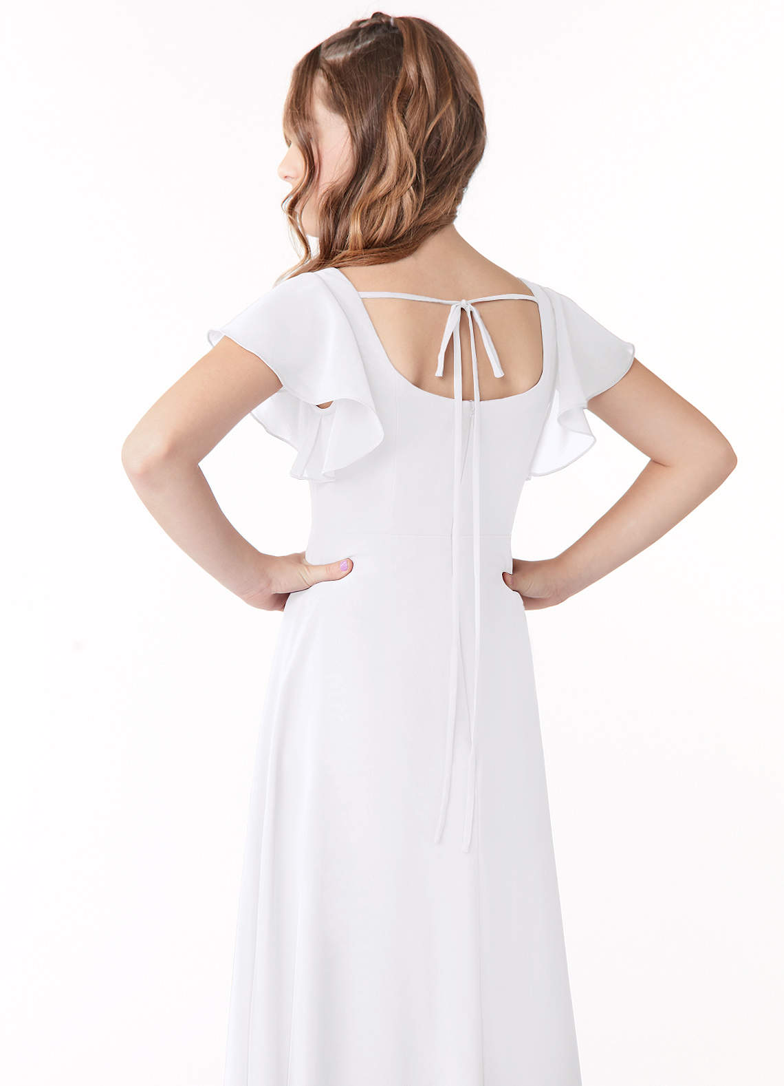 Azazie Bondi Junior White A-Line Bow Chiffon Dress image2