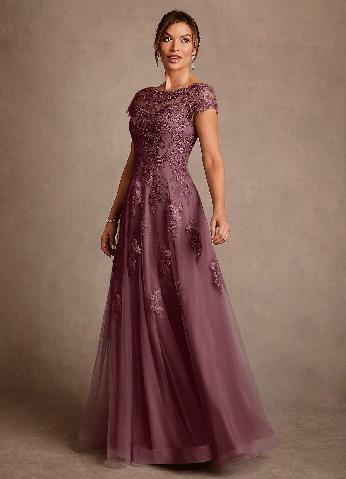 Azazie Jalinda Mother of the Bride Dresses Sangria A-Line Lace Chiffon Dress image3