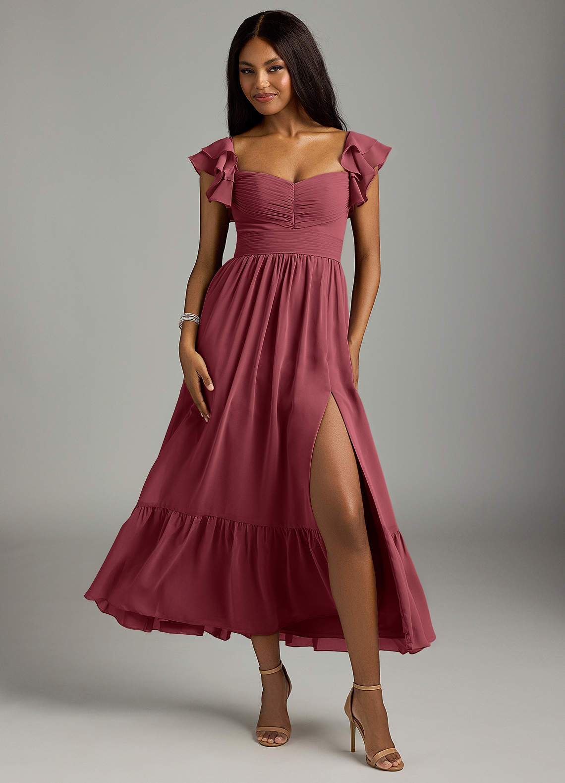 Azazie Anaya Bridesmaid Dresses Merlot A-Line Pleated Chiffon Dress image1