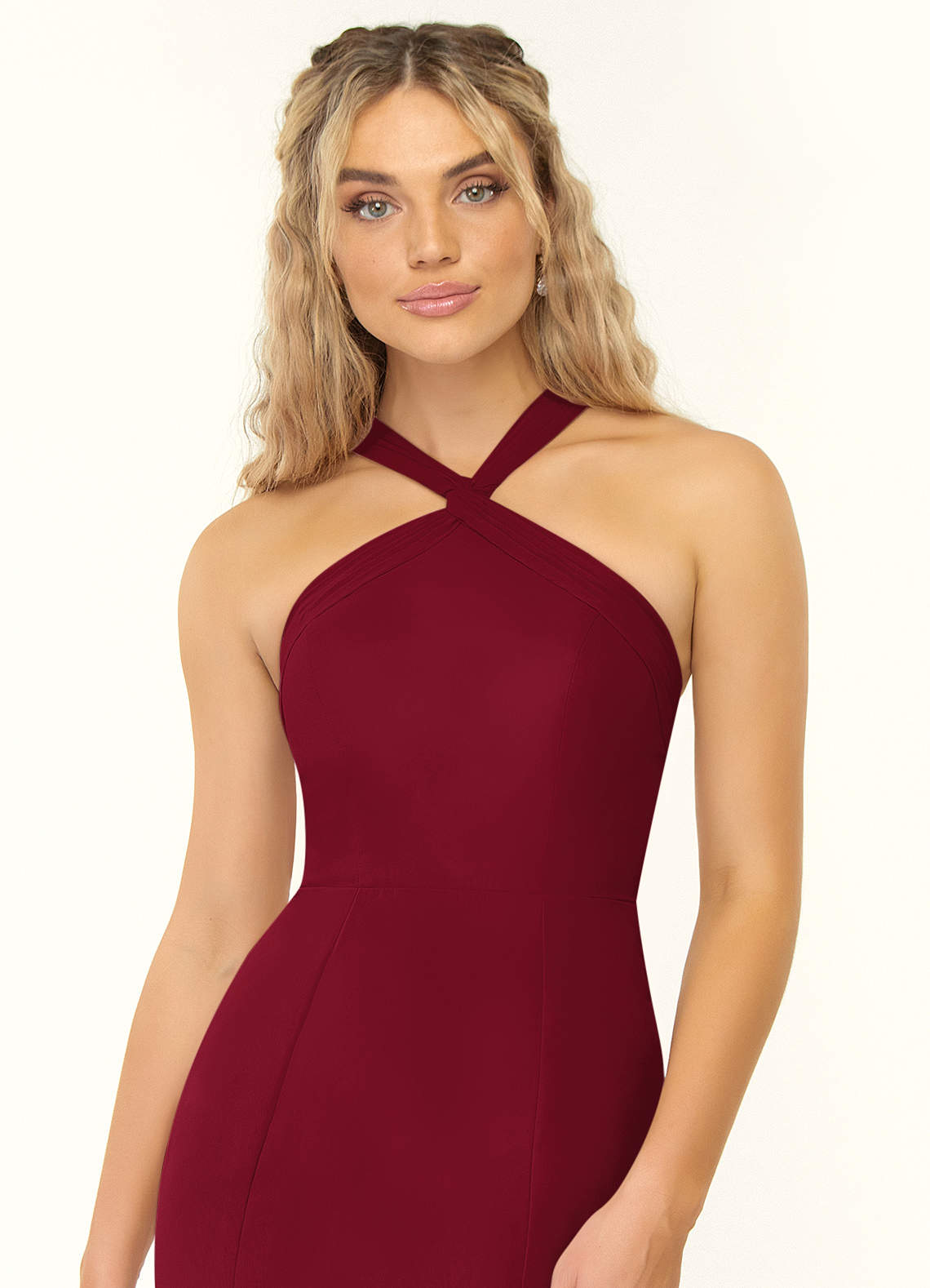 Azazie Rue Vestidos de damas de honor Vestido de Borgoña de Gasa de Corte en A con Halter image5