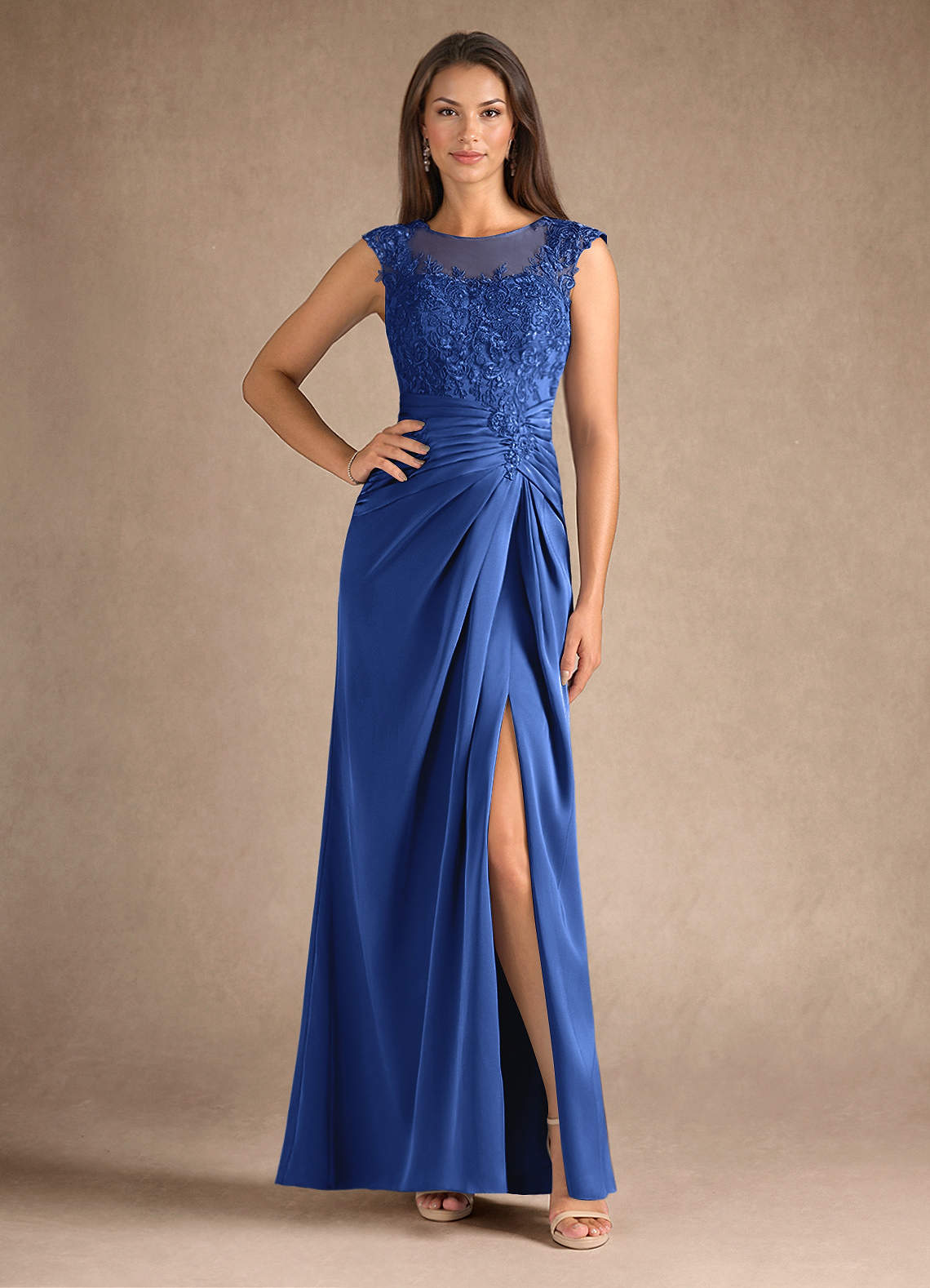 Azazie Santa Barbara Mother of the Bride Dresses Royal Blue Sheath Pleated Stretch Satin Dress image1