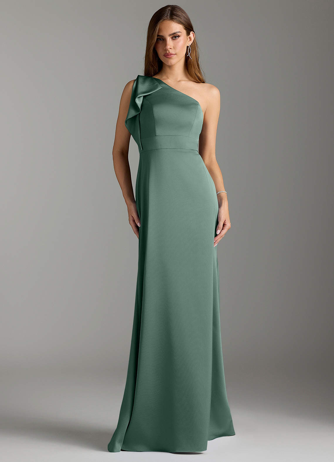 Azazie Rinna Bridesmaid Dresses Eucalyptus Mermaid Ruched Stretch Satin Dress image1