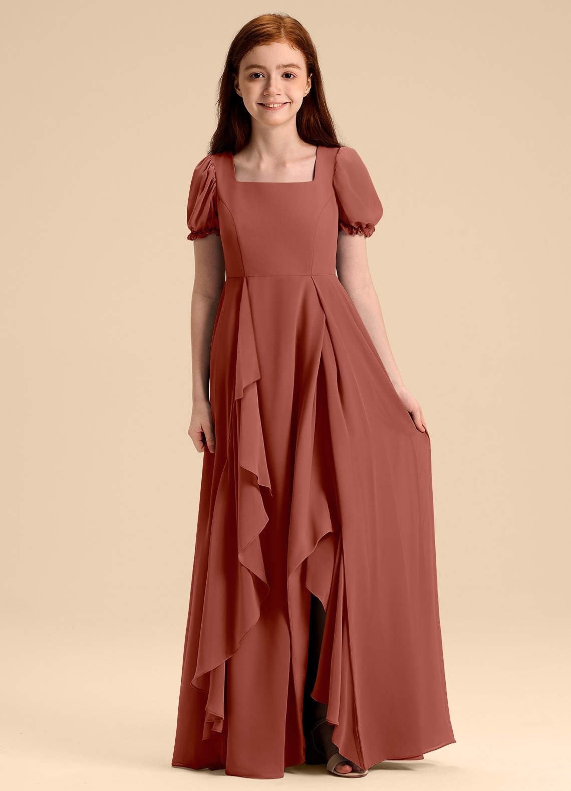 Azazie Priya Junior Auburn A-Line Blouson Chiffon Dress image1