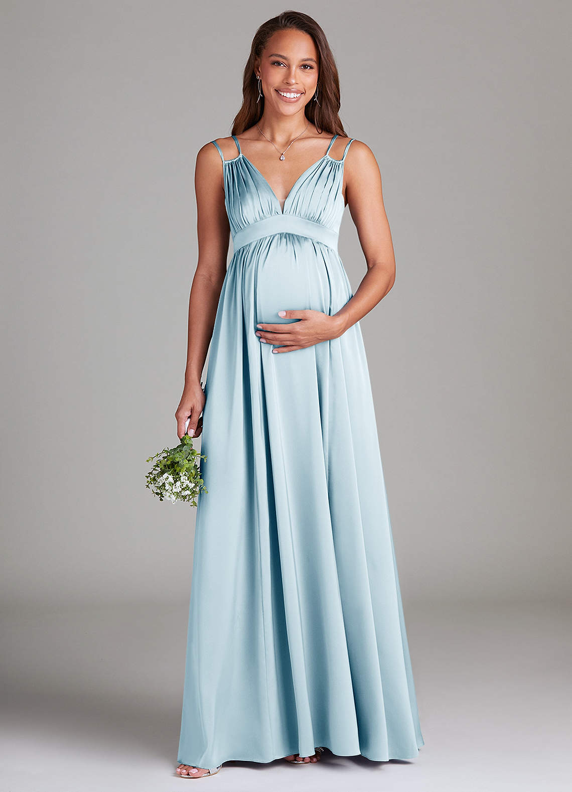 Azazie Emree Gravid brudtärna klänningar Klänning A-Linje med fickor Golvlängd Stretch Satin image1