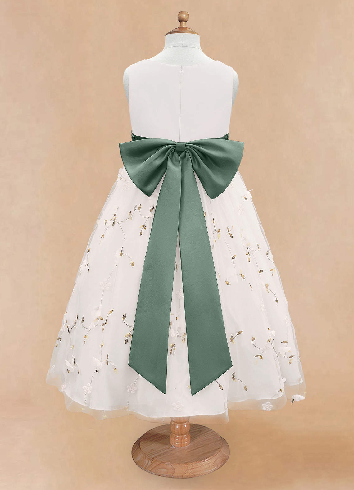 Azazie Pollie Flower Girl Dresses Ivory Eucalyptus A-Line Bow Tulle Dress image11