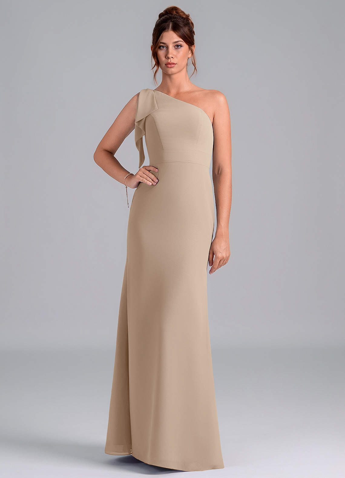 Azazie Rinna Bridesmaid Dresses Taupe Mermaid One Shoulder Chiffon Dress image1