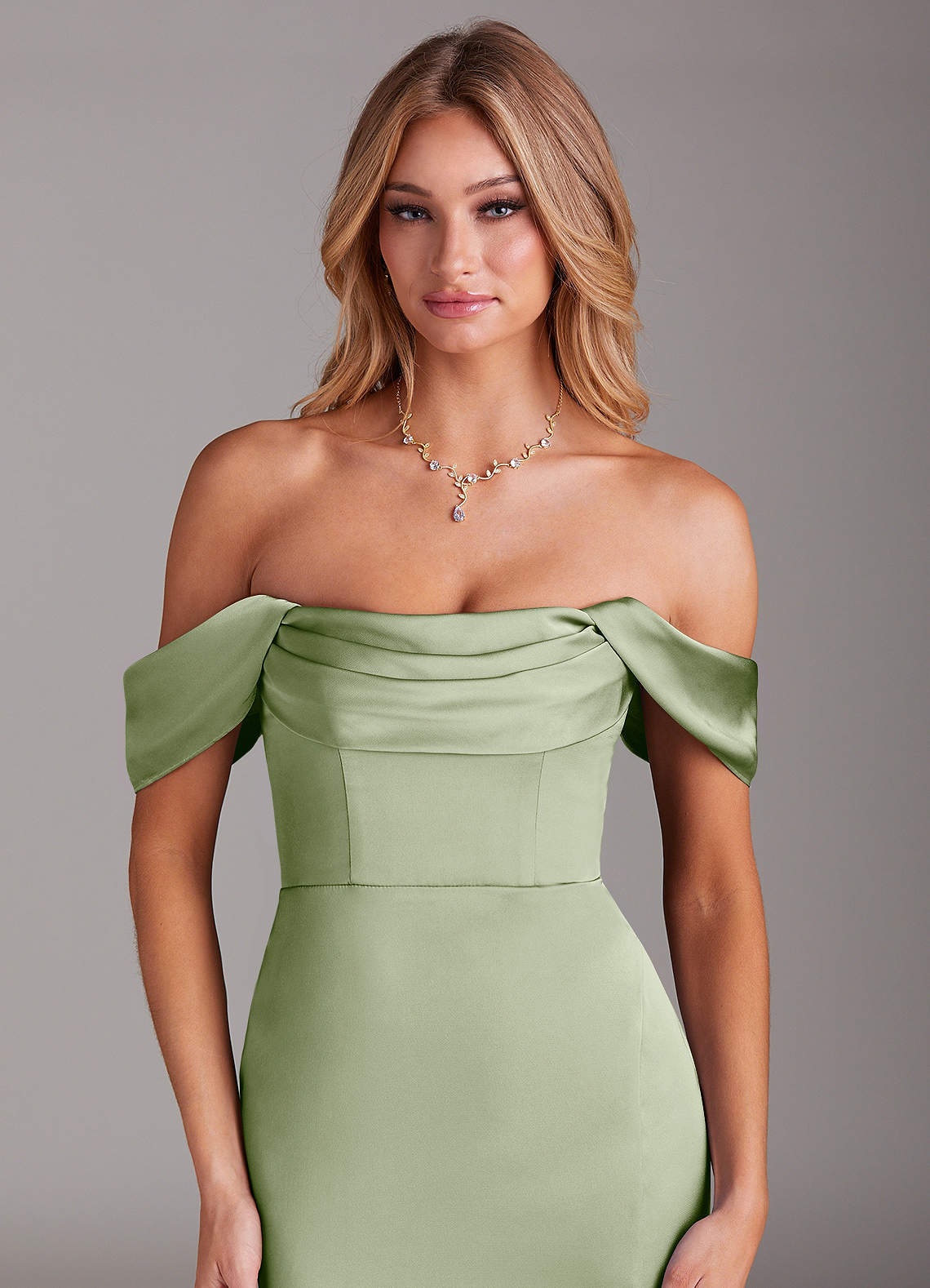 Azazie Saige Bridesmaid Dresses Dusty Sage Sheath Off the Shoulder Stretch Satin Dress image6