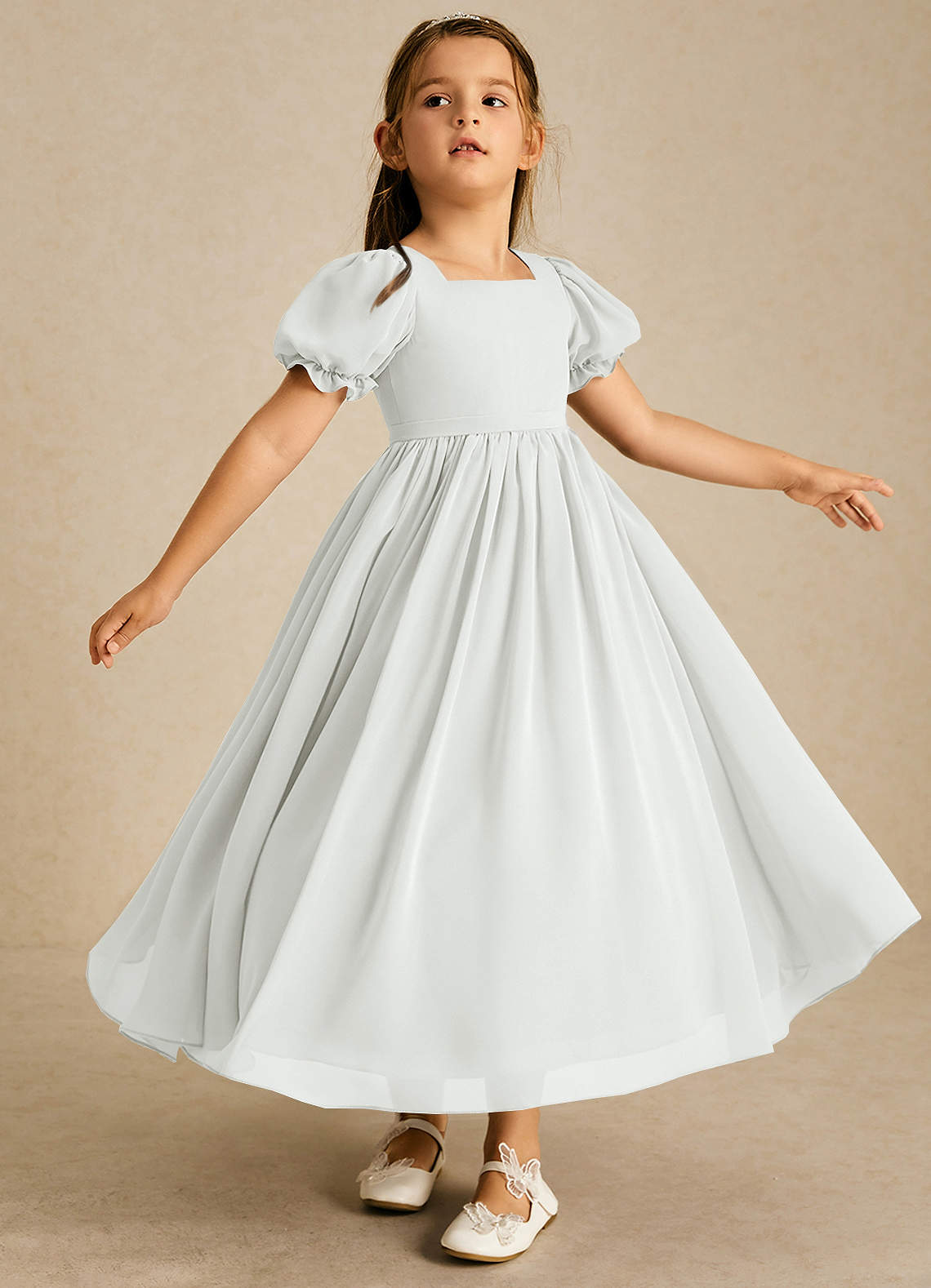 Azazie Joss Flower Girl Dresses Diamond White A-Line with Sleeves Chiffon Dress image2