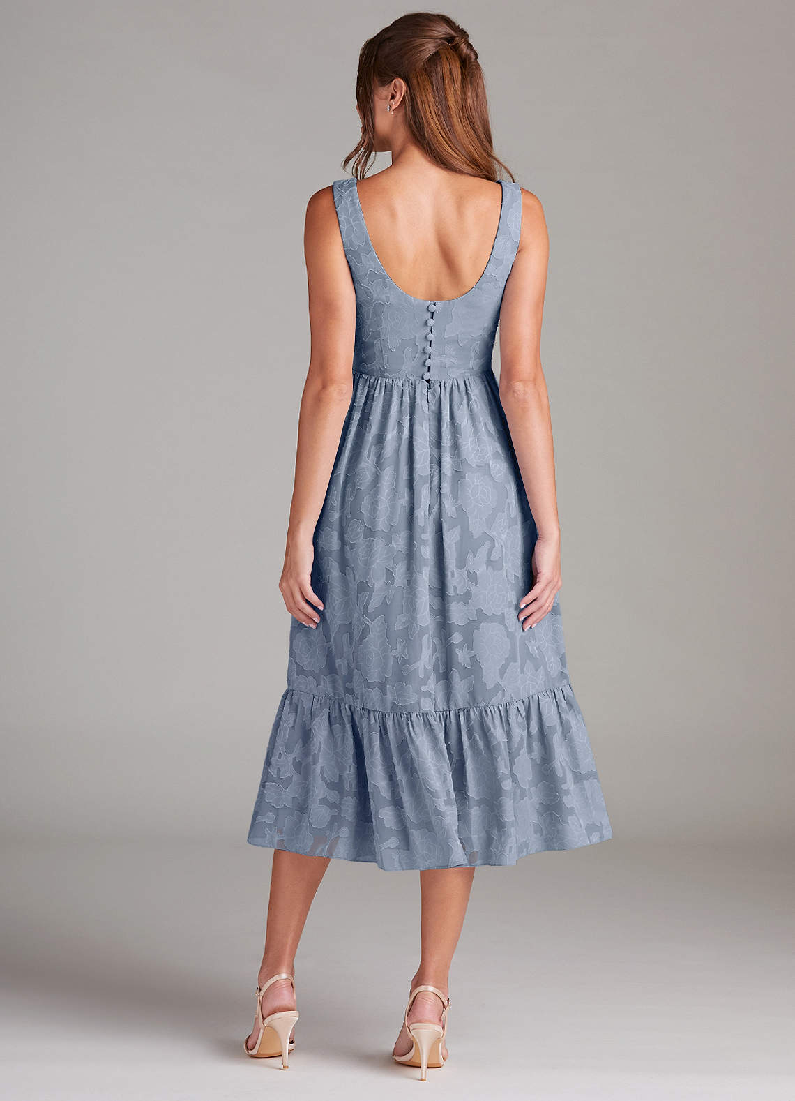 Azazie Alissa Bridesmaid Dresses Dusty Blue A-Line with Pockets Floral Burnout Dress image7