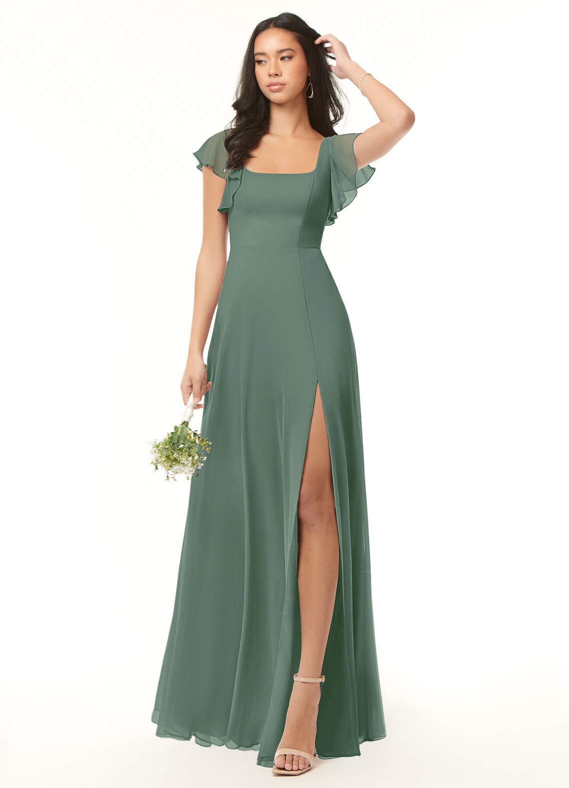 Azazie Plus Size A Line Princess Square Neck Floor Length Chiffon Bridesmaid Dresses Eucalyptus